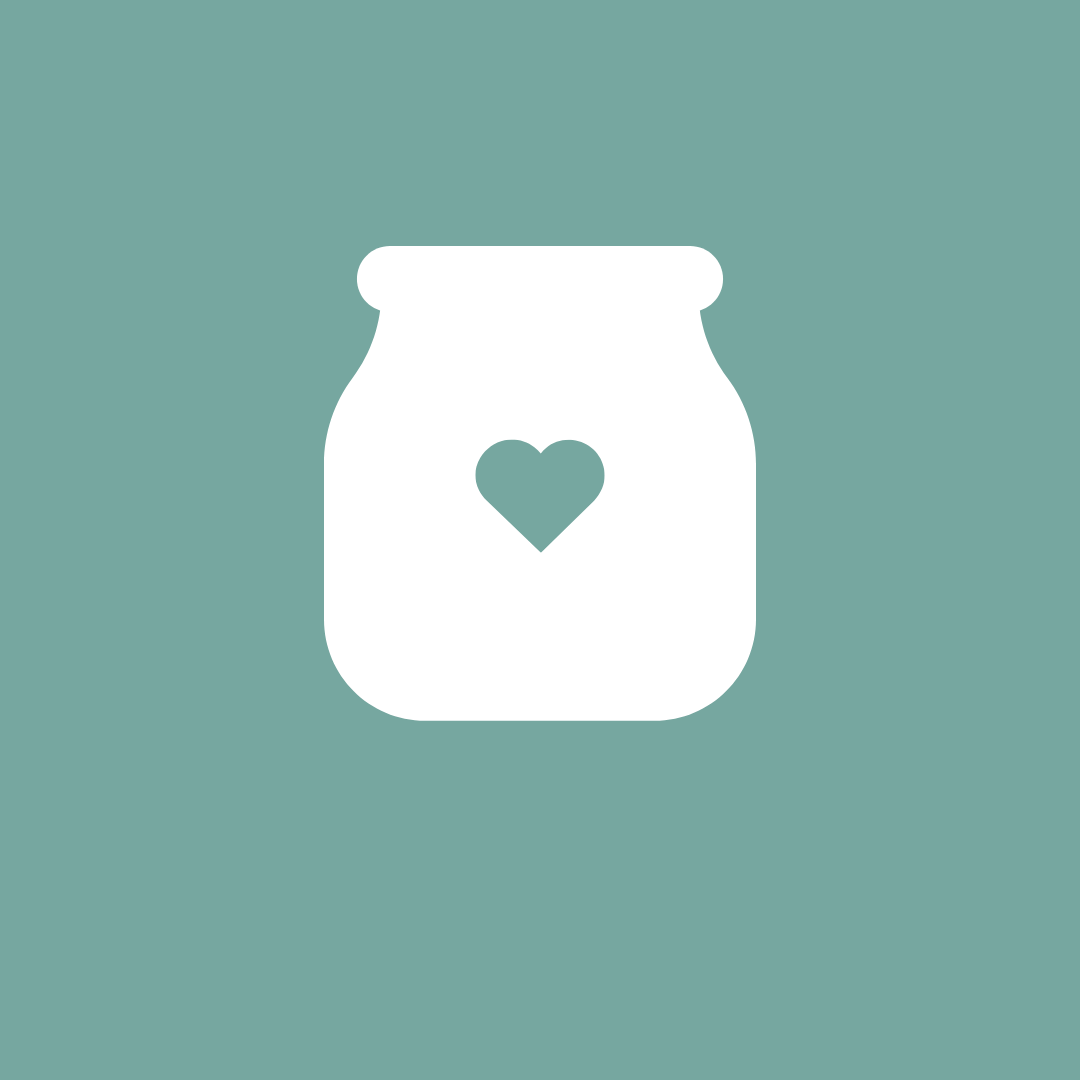 White icon of a jar with a heart on a teal background