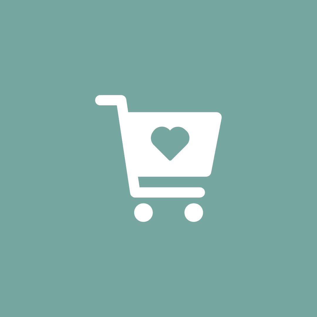 White shopping cart icon with a heart on a teal background